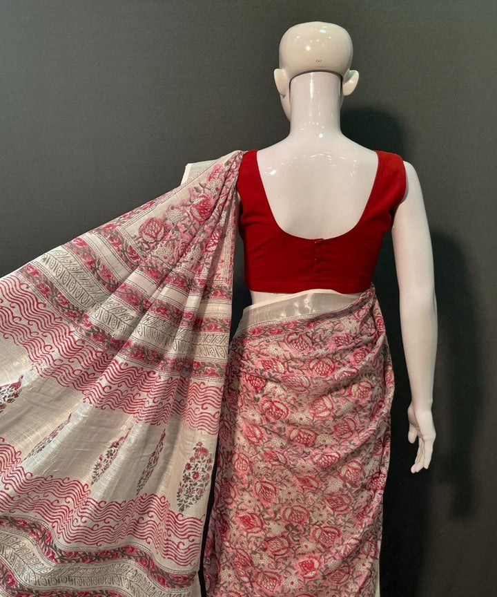 Pink white hand block printed cotton linen saree
