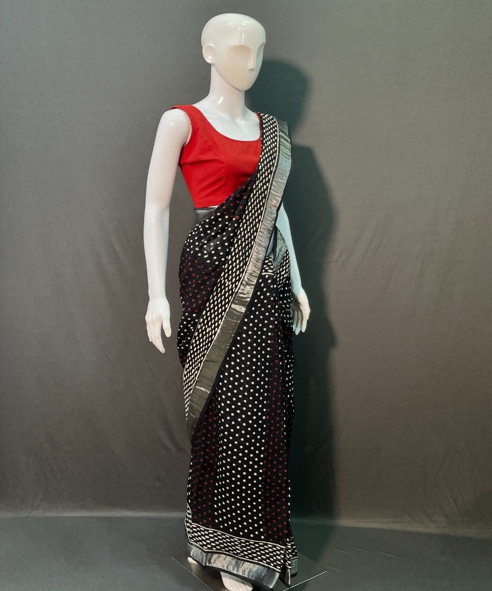 Black hand-block printed linen cotton saree