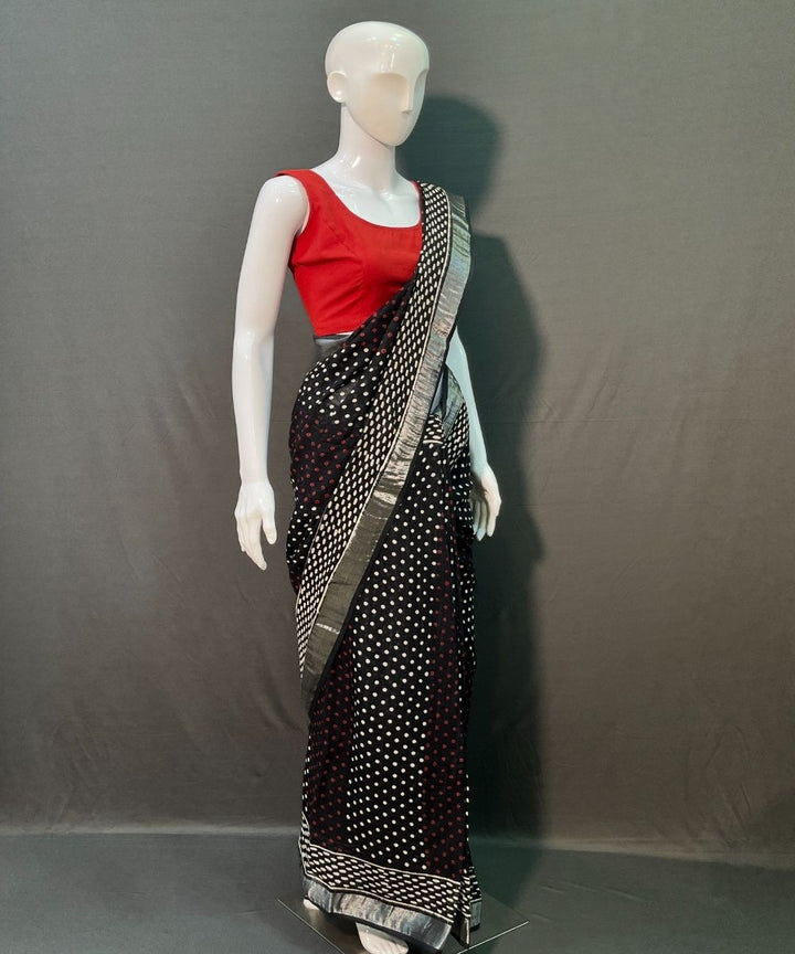 Black hand-block printed linen cotton saree