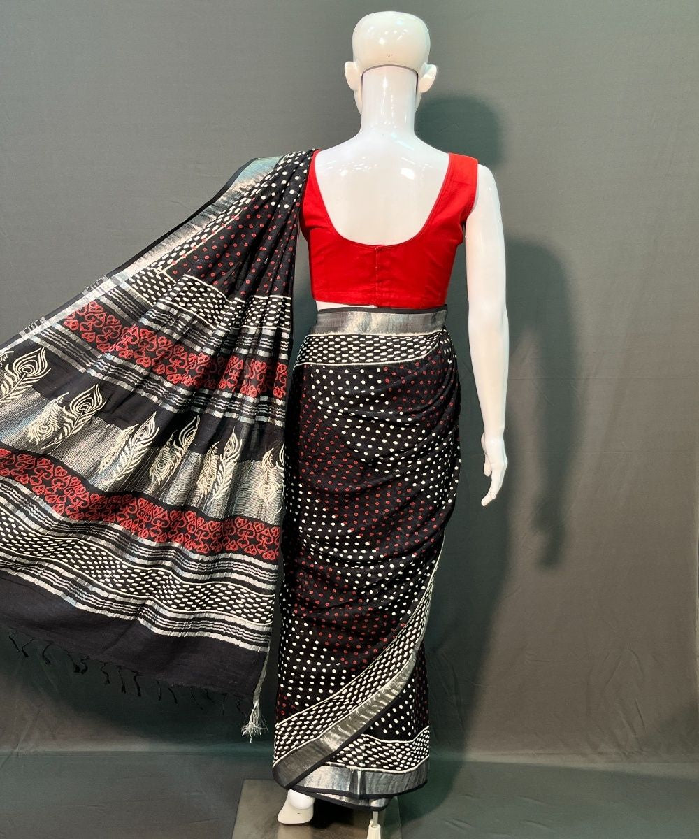 Black hand-block printed linen cotton saree