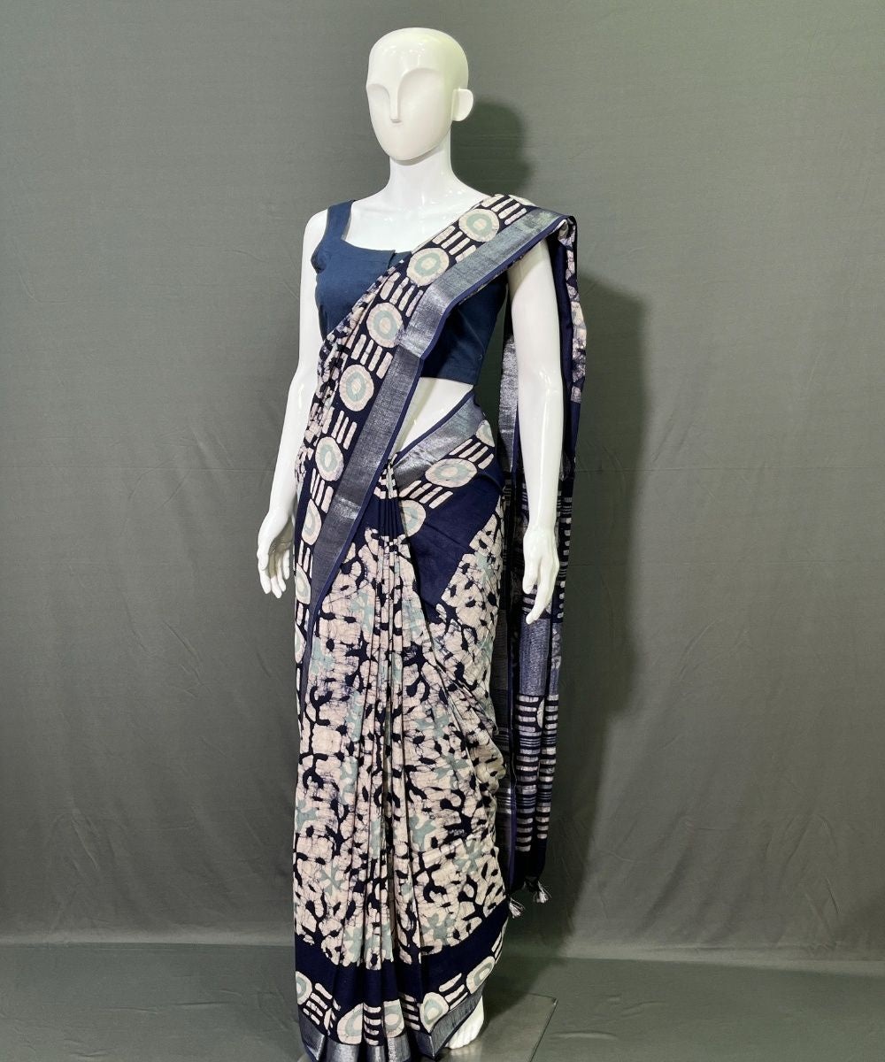 Indigo batik printed cotton linen saree