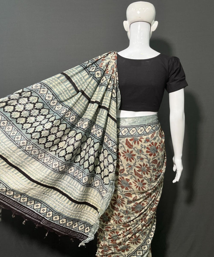 Ajrakh multicolor printed cotton linen saree