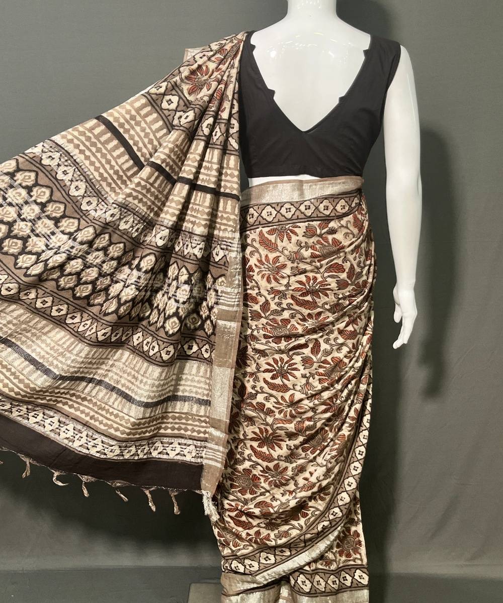 Multicolor maroon ajrakh printed cotton linen saree