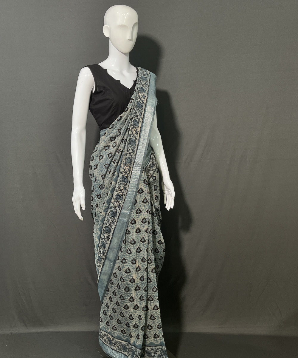 Multicolor printed cotton linen ajrakh saree