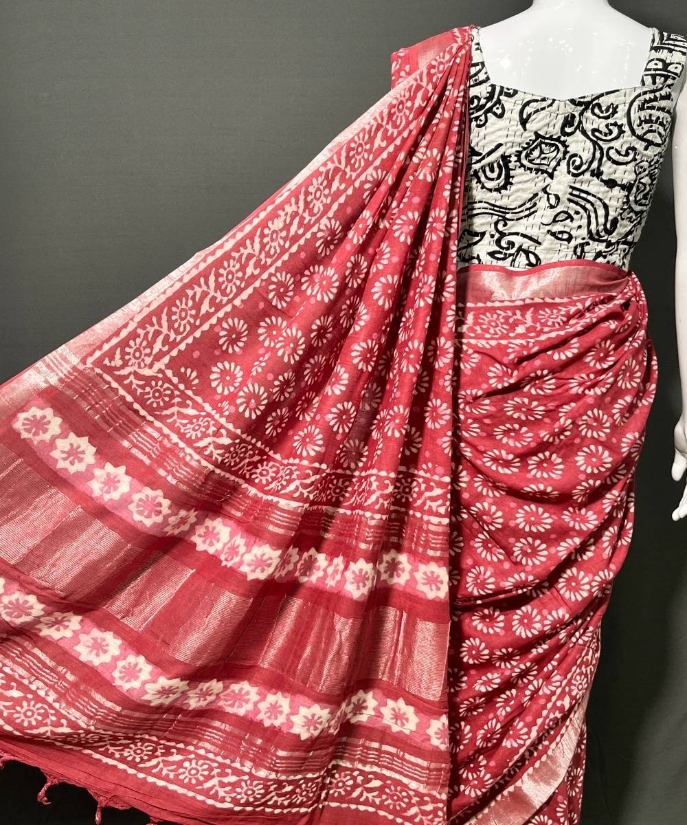 Multi color hand block printed cotton linen saree