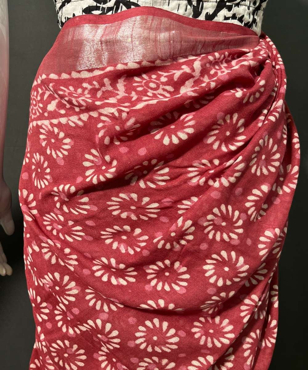 Multi color hand block printed cotton linen saree