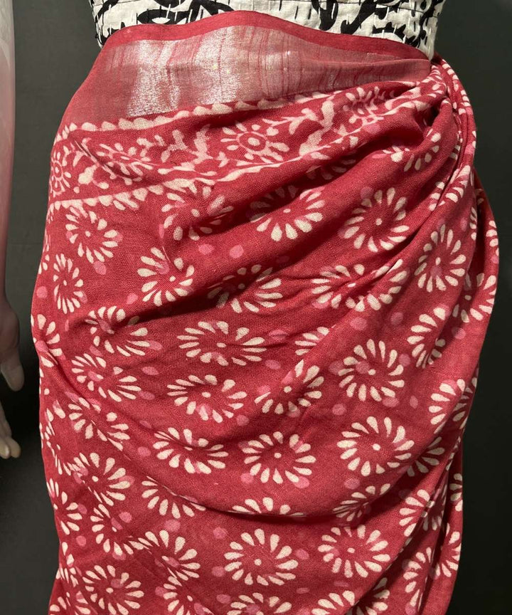 Multi color hand block printed cotton linen saree