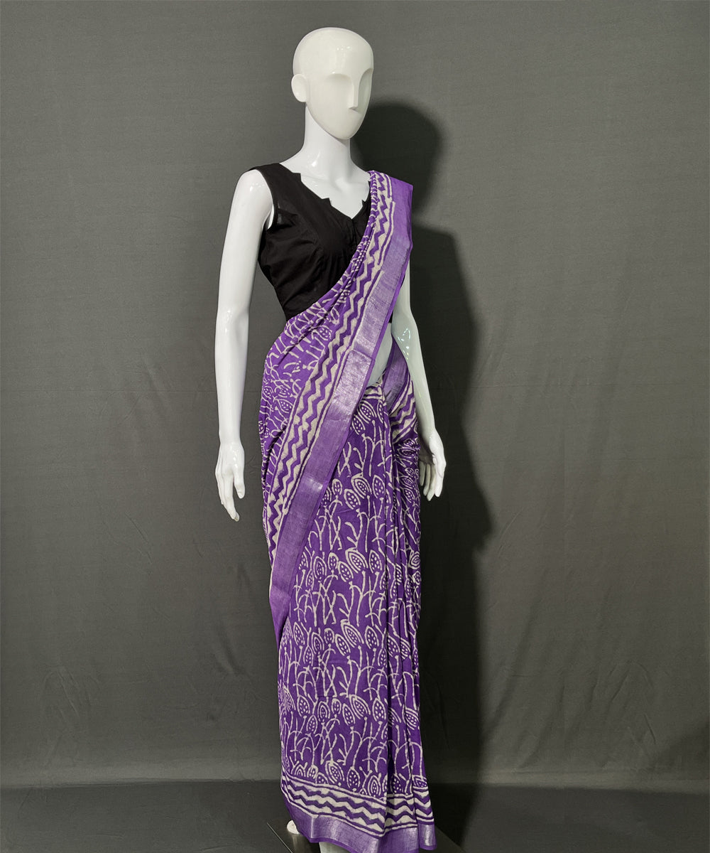 Purple hand block printed cotton linen saree