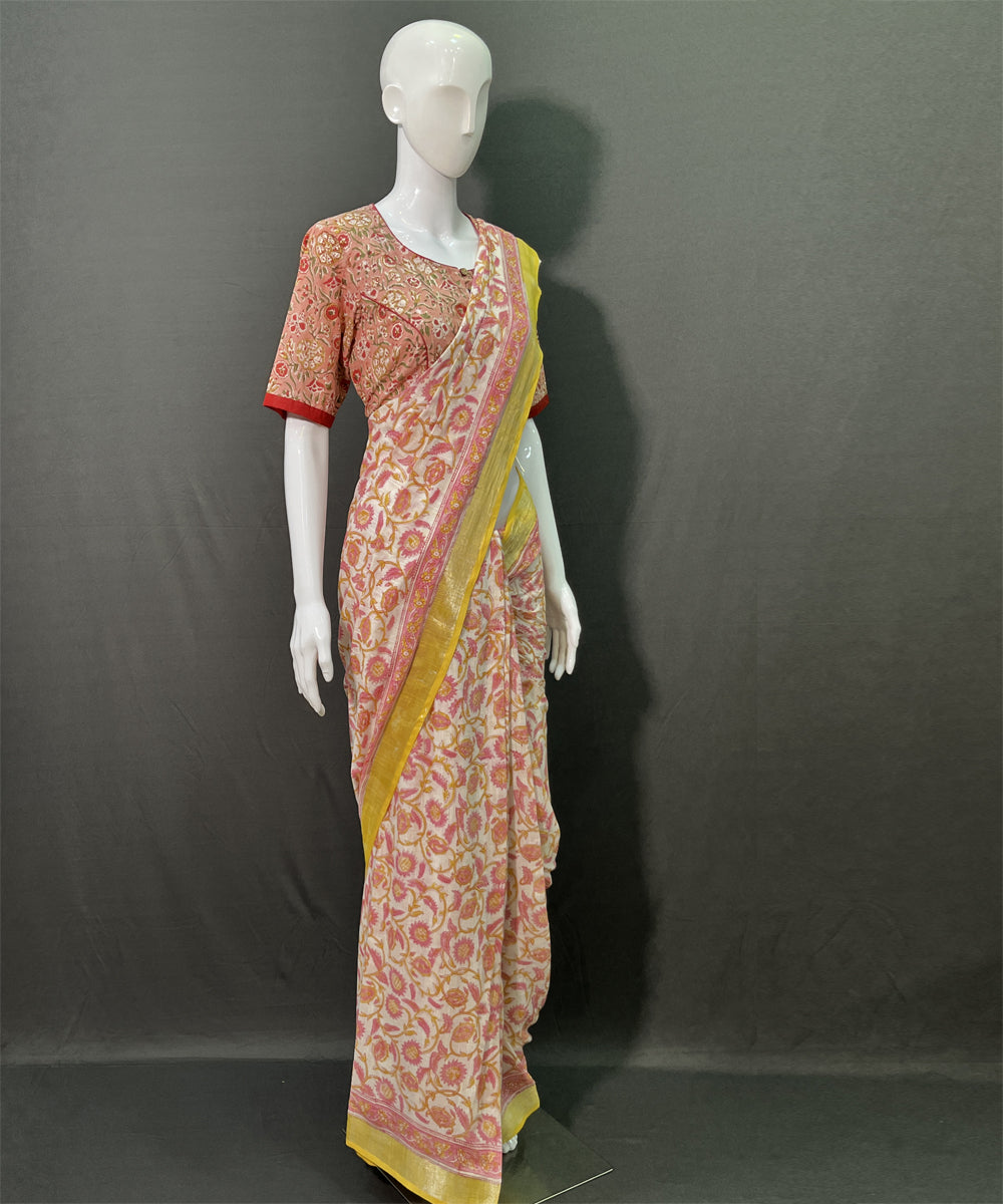 Multicolor yellow hand block printed cotton linen saree
