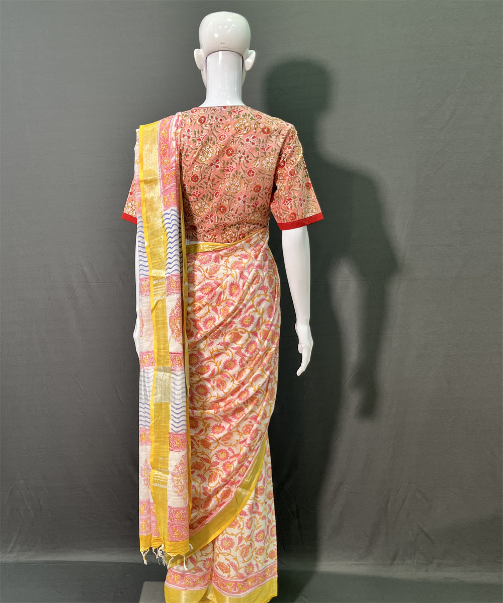 Multicolor yellow hand block printed cotton linen saree