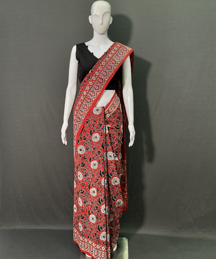 Maroon white ajrakh printed mul cotton saree