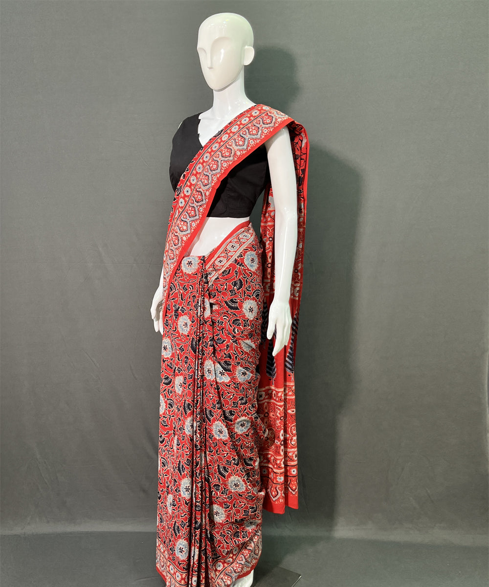Maroon white ajrakh printed mul cotton saree