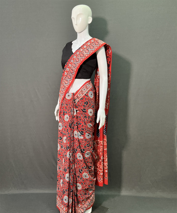 Maroon white ajrakh printed mul cotton saree