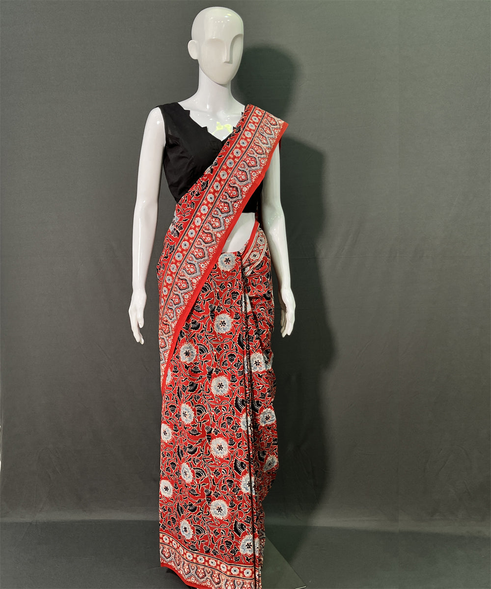 Maroon white ajrakh printed mul cotton saree