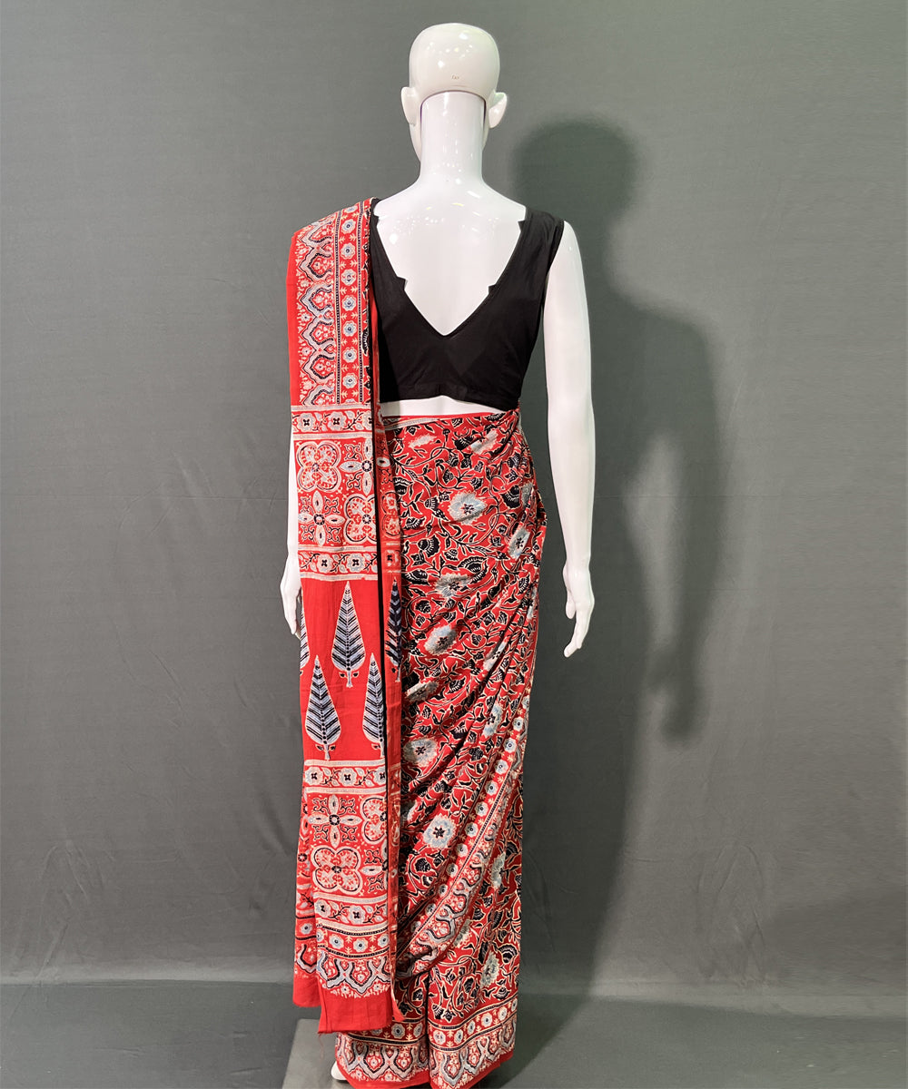 Maroon white ajrakh printed mul cotton saree