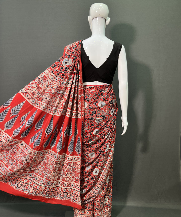 Maroon white ajrakh printed mul cotton saree