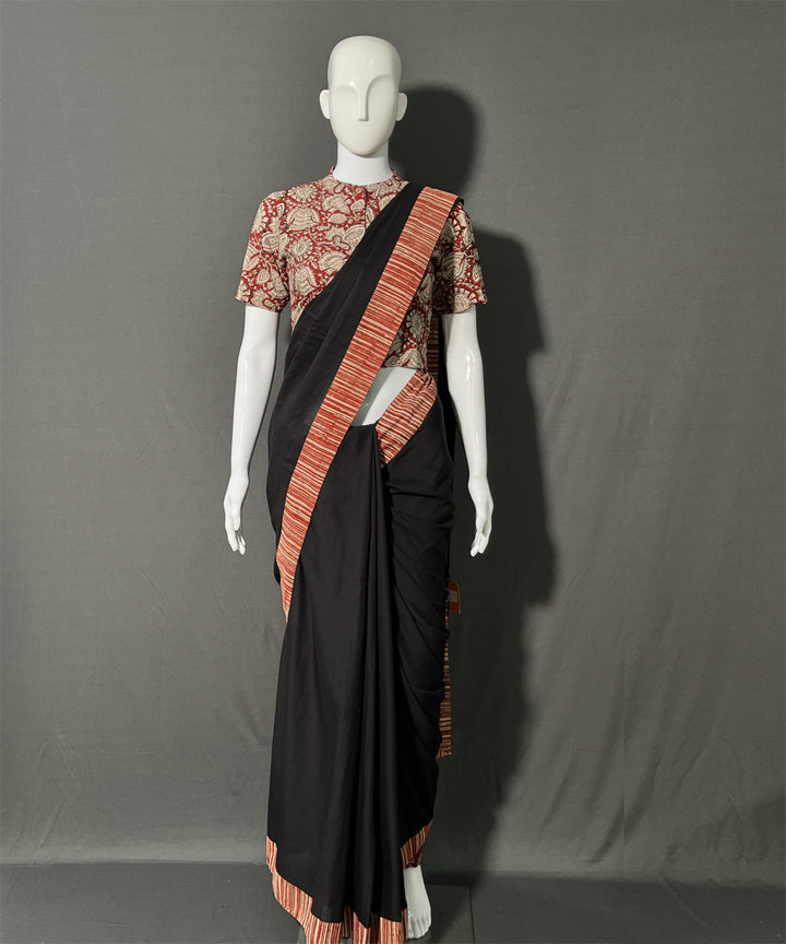 Black kalamkari patchwork mul cotton saree