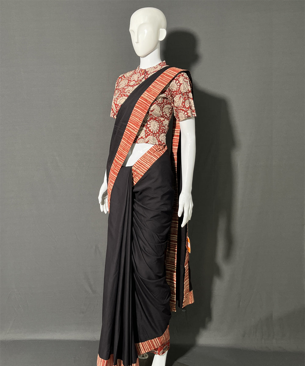 Black kalamkari patchwork mul cotton saree