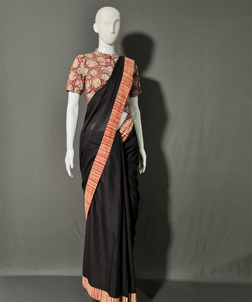 Black kalamkari patchwork mul cotton saree