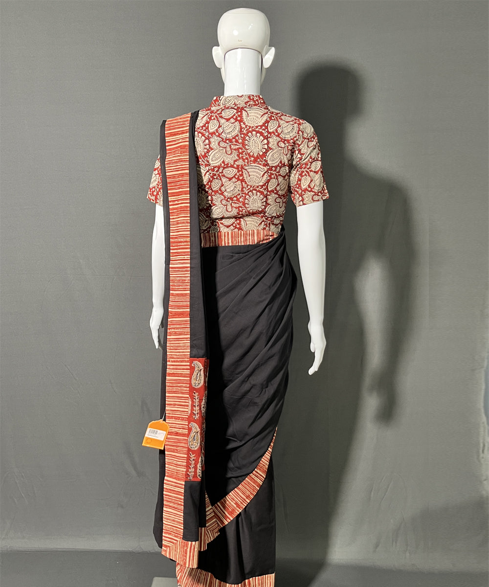 Black kalamkari patchwork mul cotton saree