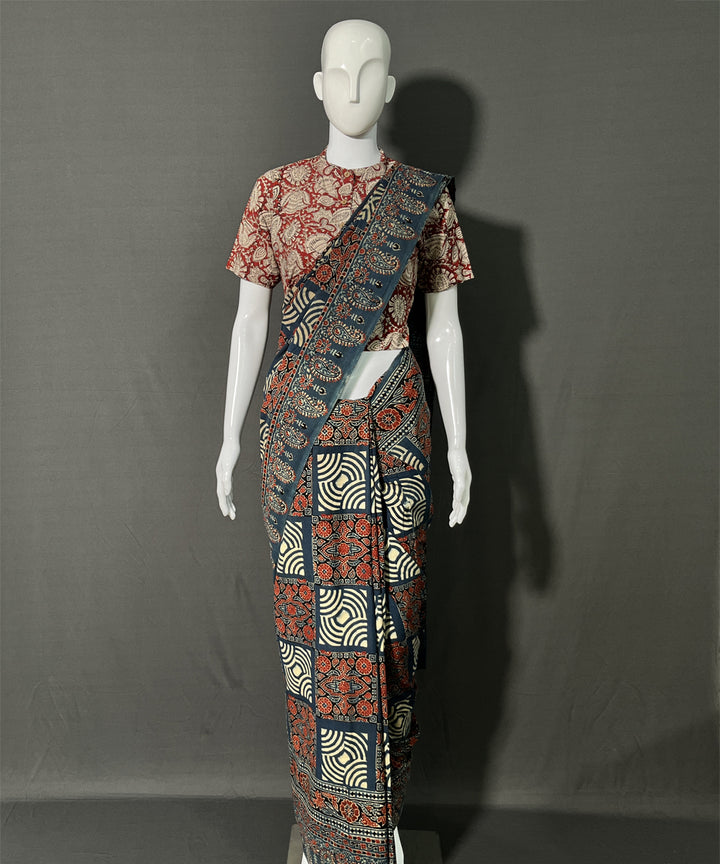 Black maroon ajrakh printed mul cotton saree