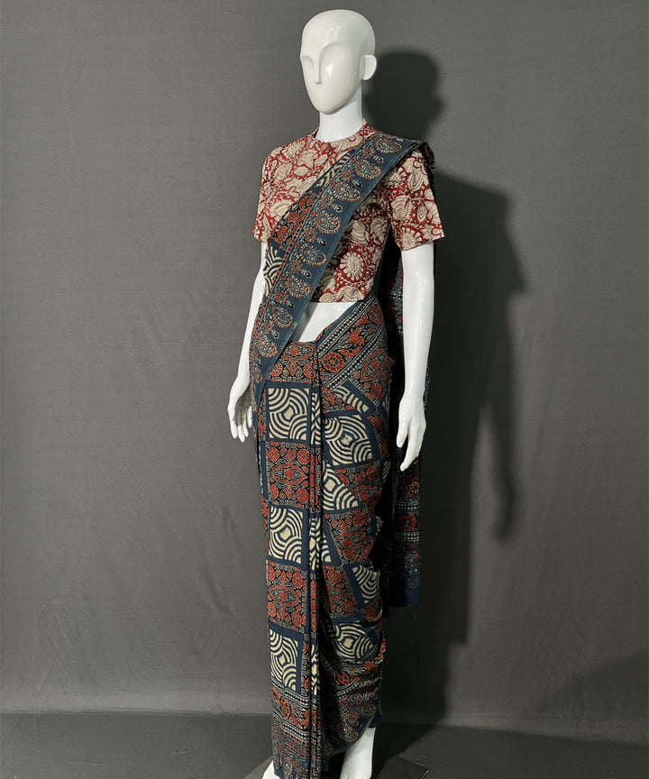 Black maroon ajrakh printed mul cotton saree