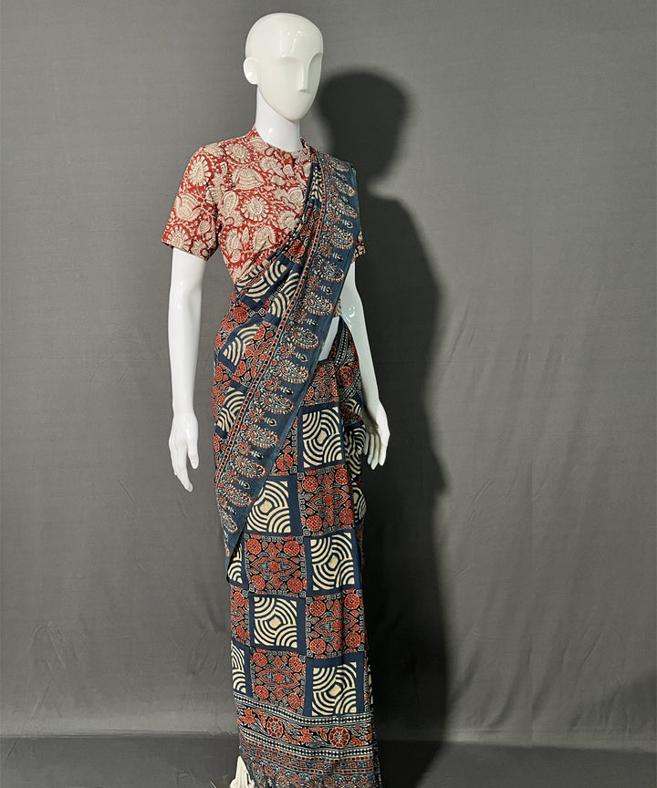 Black maroon ajrakh printed mul cotton saree