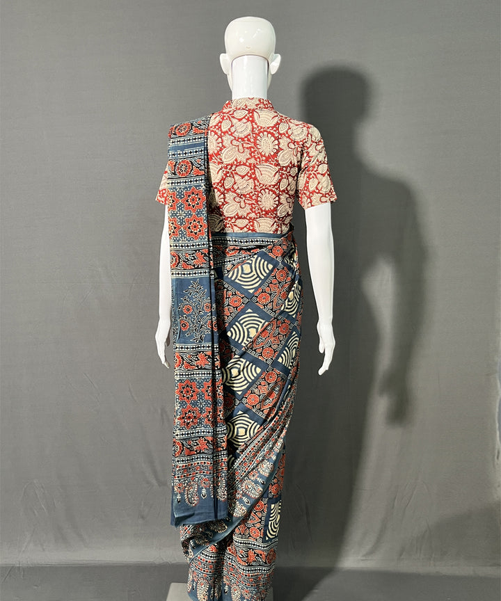 Black maroon ajrakh printed mul cotton saree