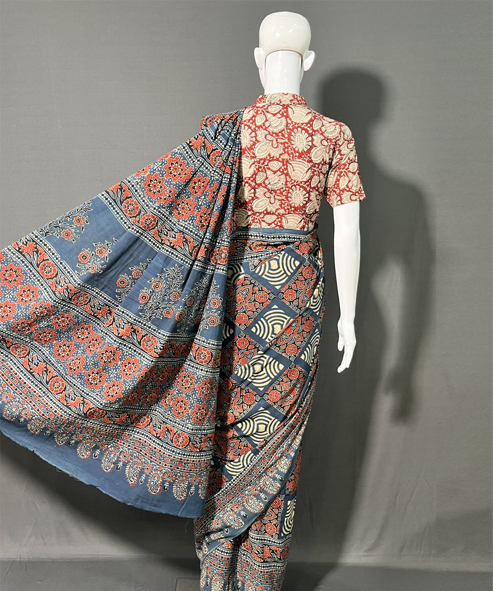 Black maroon ajrakh printed mul cotton saree