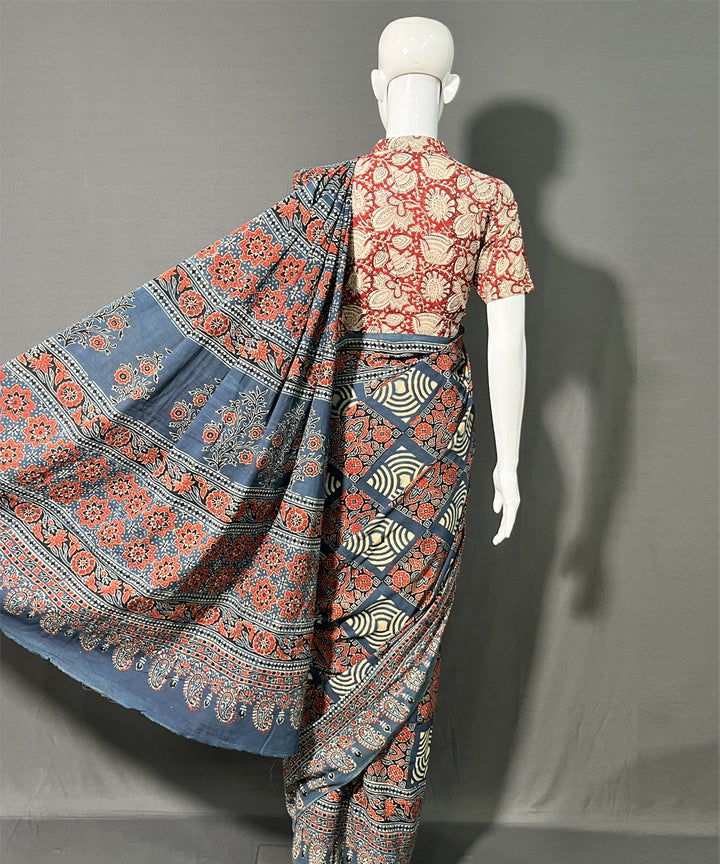Black maroon ajrakh printed mul cotton saree