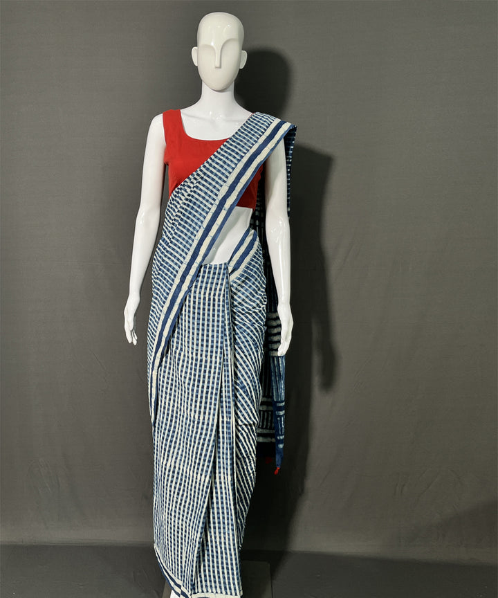 Indigo dyed hand block printed mul cotton saree