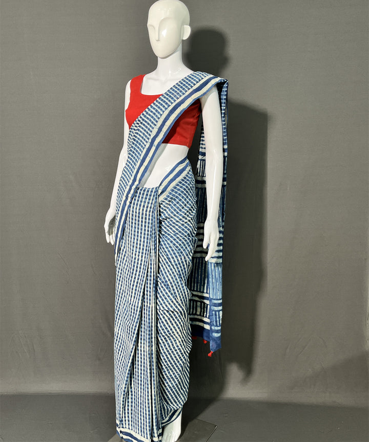 Indigo dyed hand block printed mul cotton saree