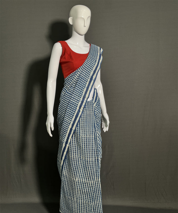 Indigo dyed hand block printed mul cotton saree