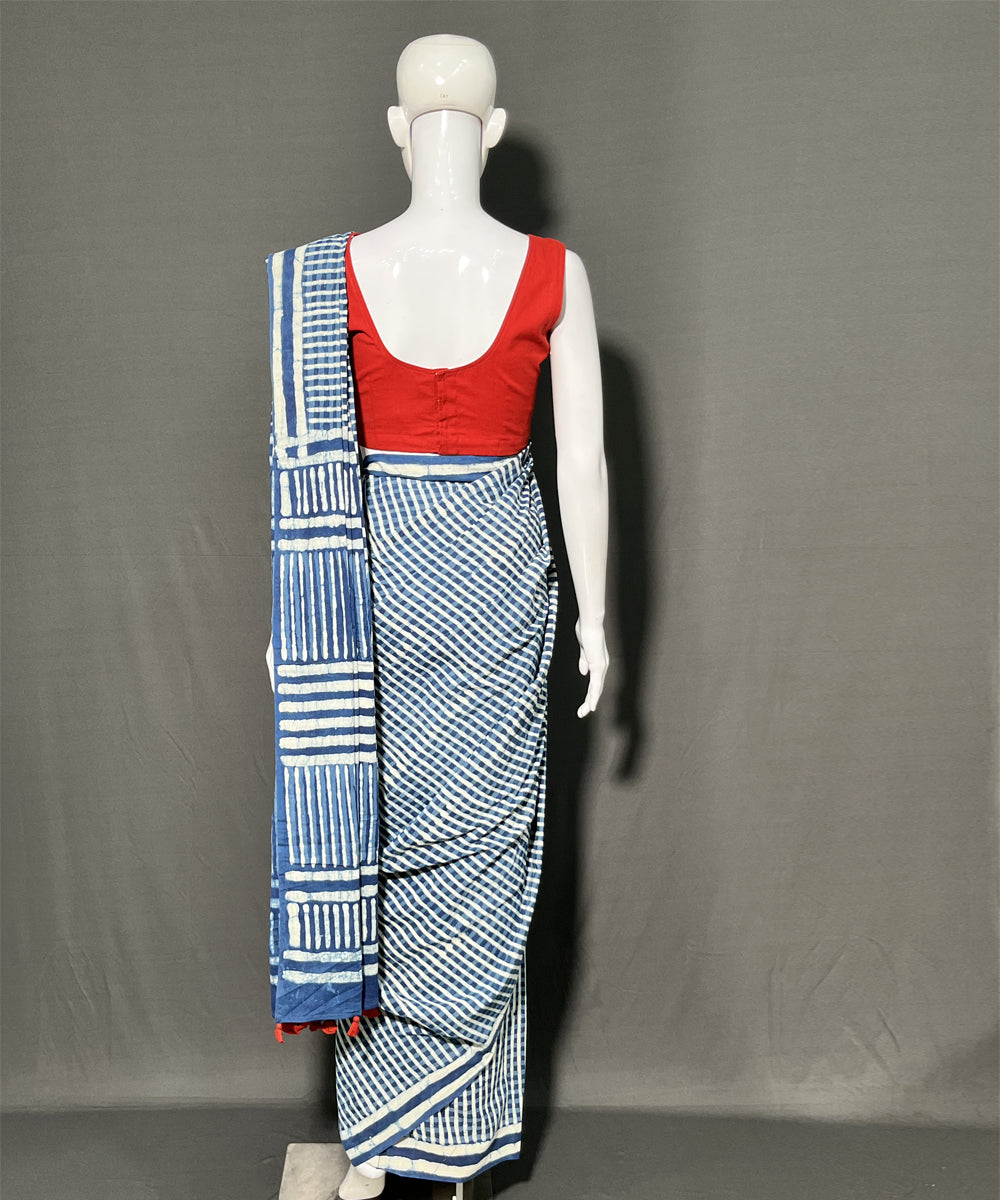 Indigo dyed hand block printed mul cotton saree