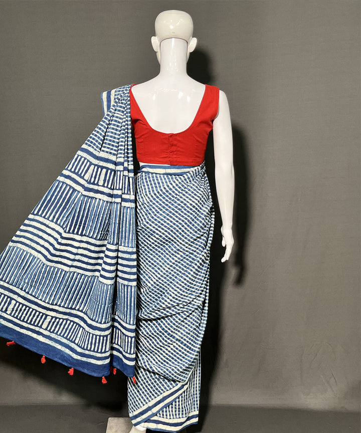 Indigo dyed hand block printed mul cotton saree