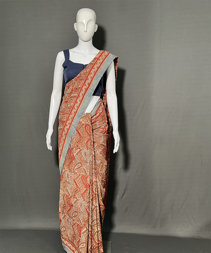 Multicolor ajrakh printed mul cotton saree