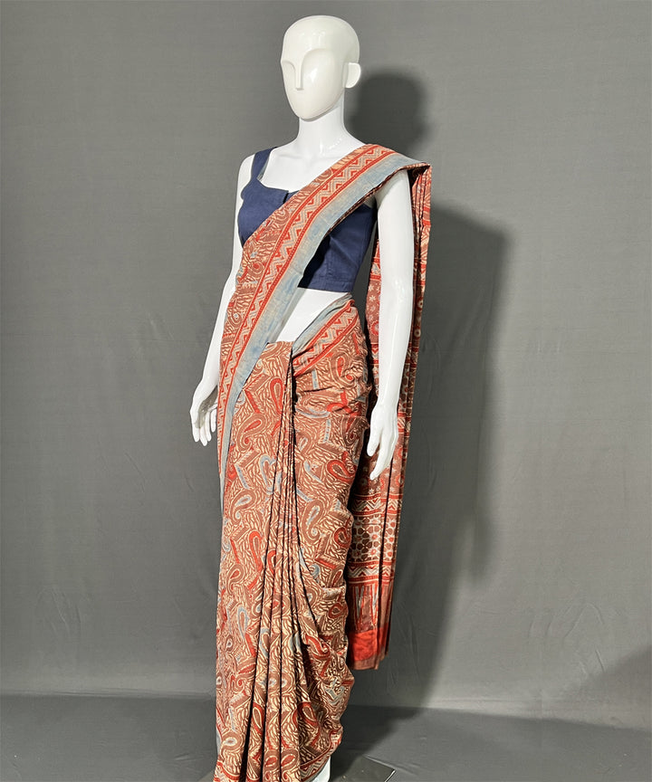 Multicolor ajrakh printed mul cotton saree