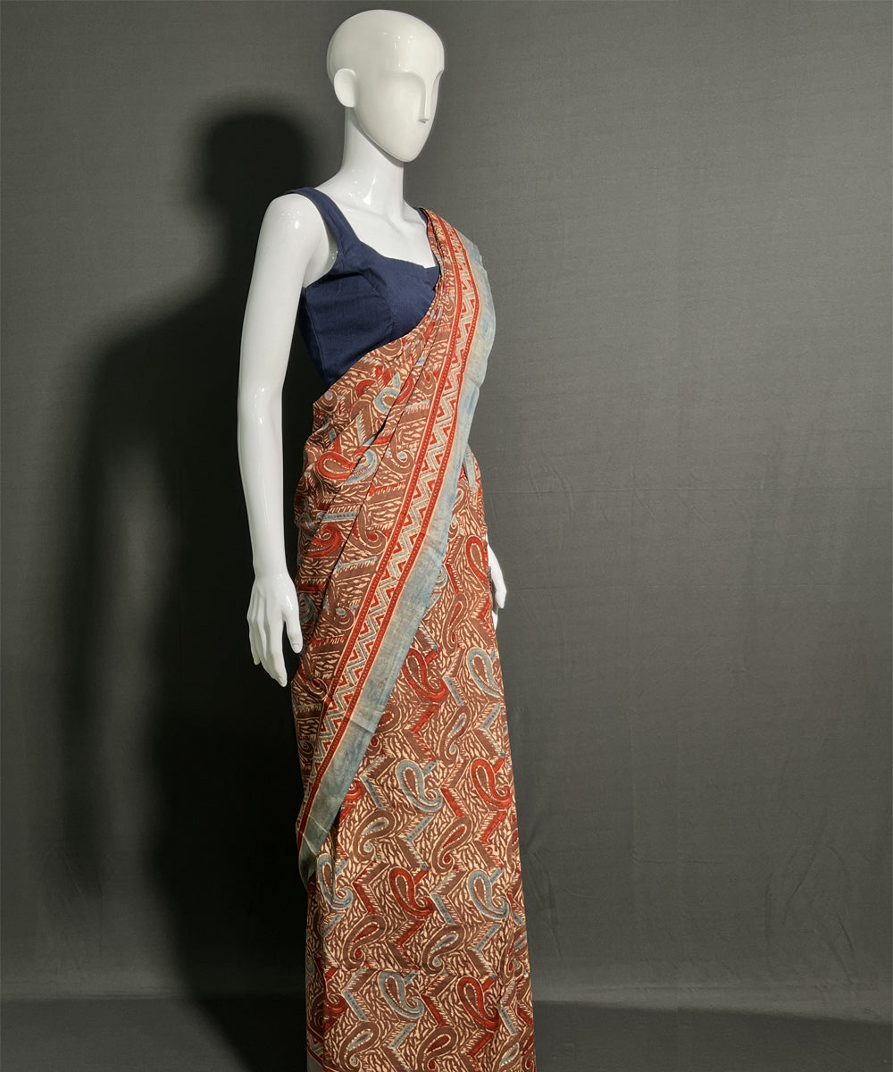 Multicolor ajrakh printed mul cotton saree