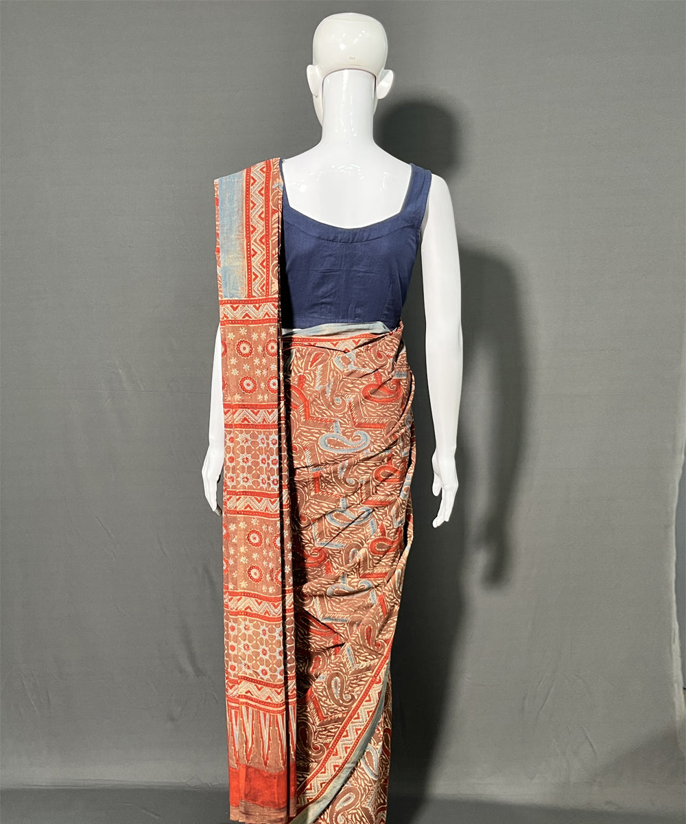 Multicolor ajrakh printed mul cotton saree