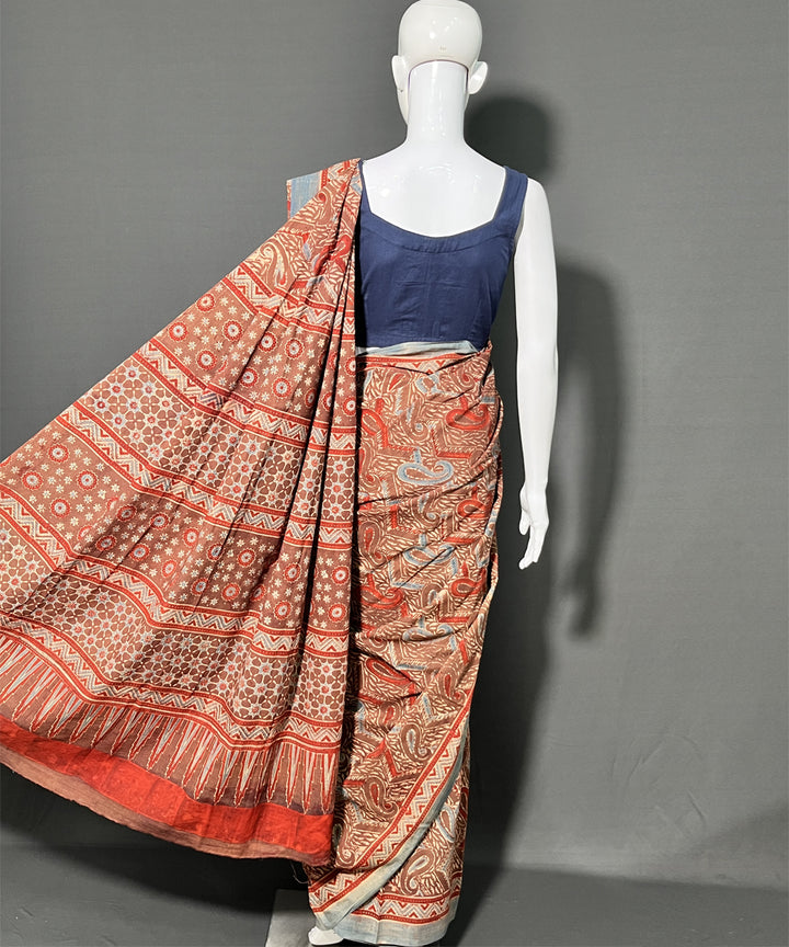 Multicolor ajrakh printed mul cotton saree