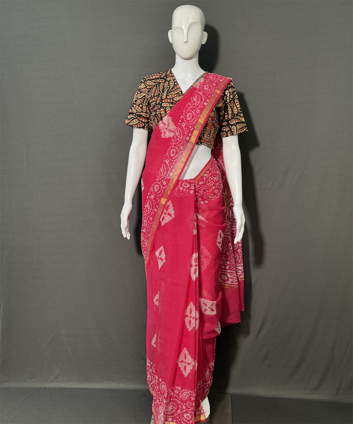 Pink hand block printed kota doriya saree