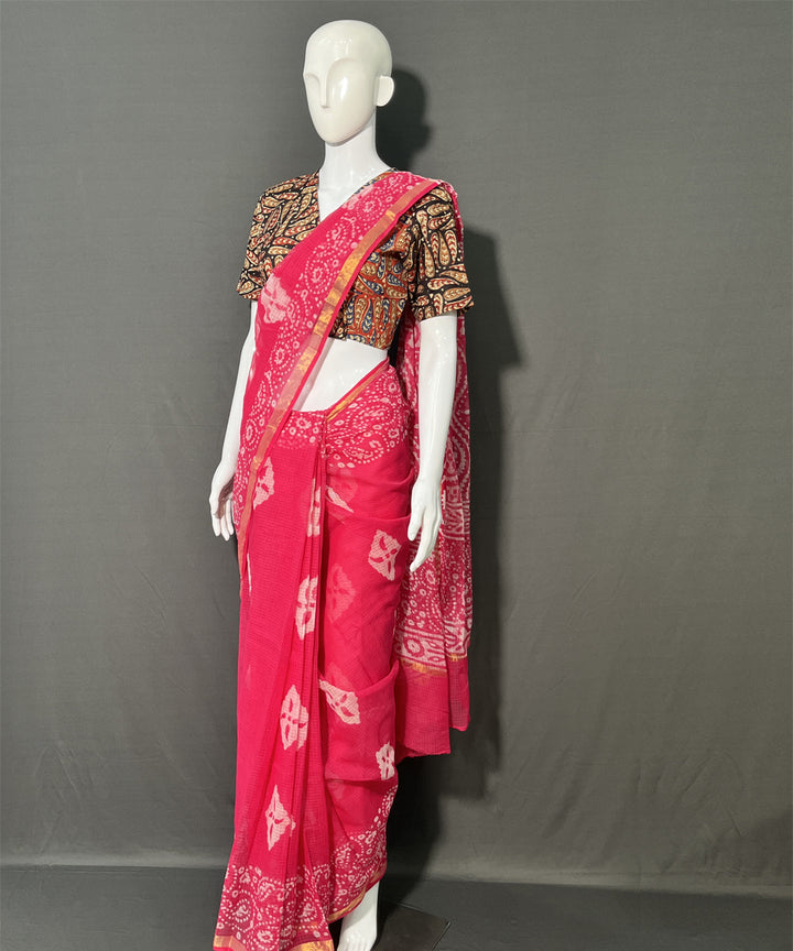 Pink hand block printed kota doriya saree