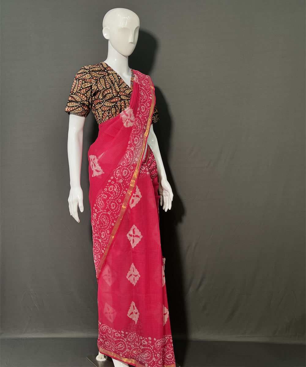 Pink hand block printed kota doriya saree