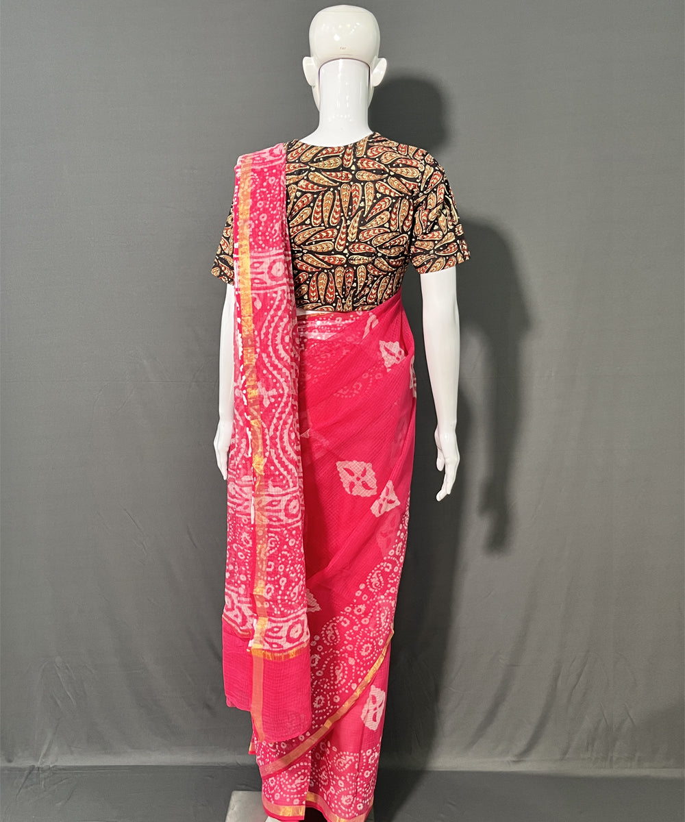 Pink hand block printed kota doriya saree