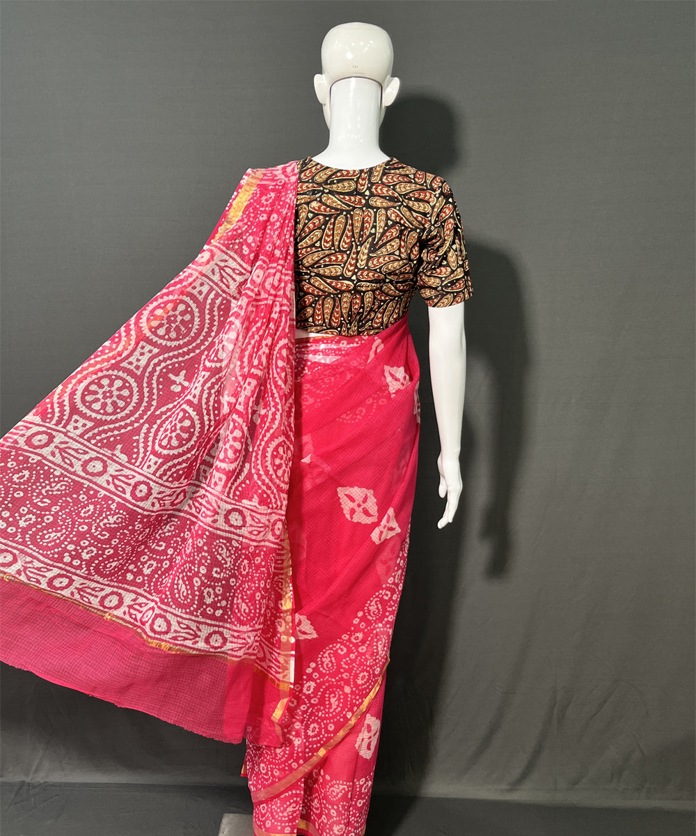 Pink hand block printed kota doriya saree