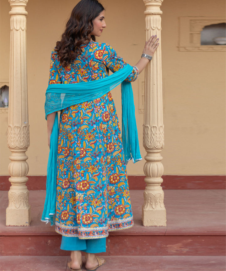 Turquoise festival hand block printed cotton suit set