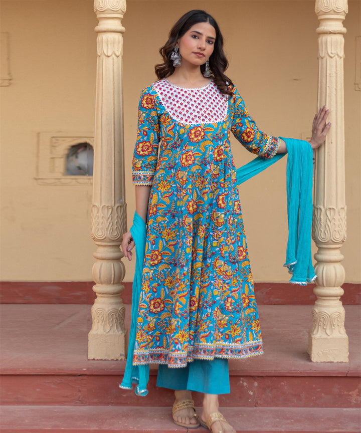 Turquoise festival hand block printed cotton suit set