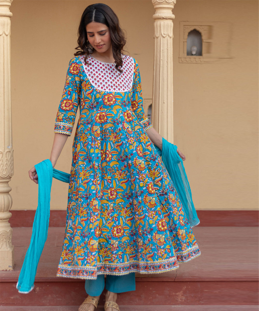 Turquoise festival hand block printed cotton suit set