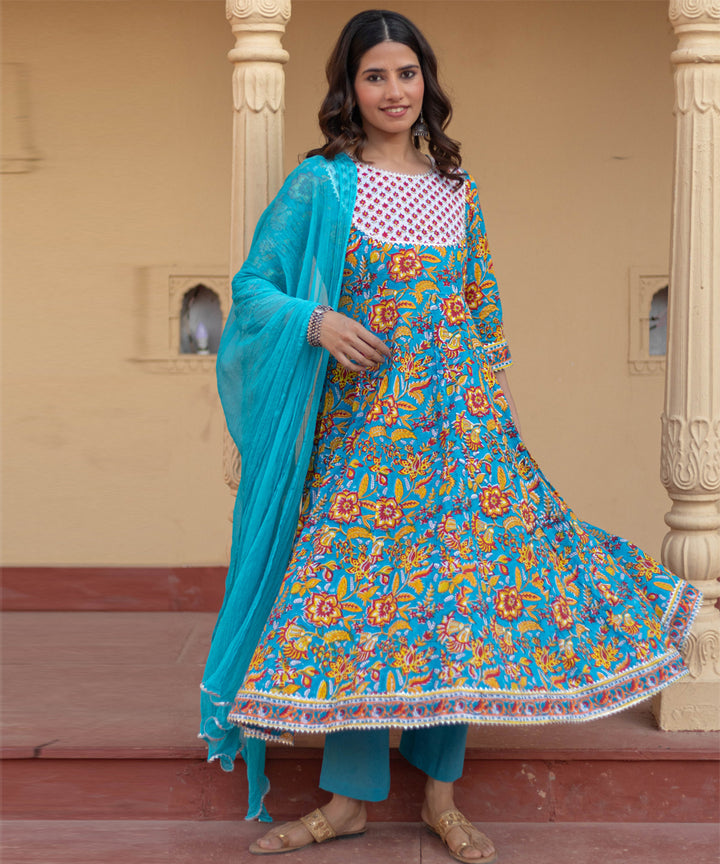 Turquoise festival hand block printed cotton suit set