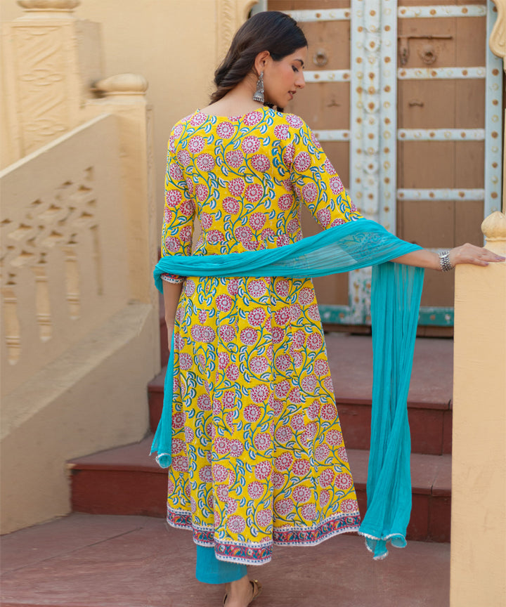 Golden bloom hand block printed cotton suit set